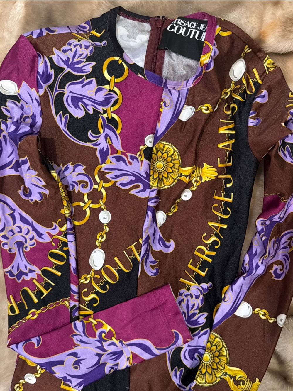 Versace Jeans Couture Purple,Brown, Gold Baroque Accent Print Jumpsuit